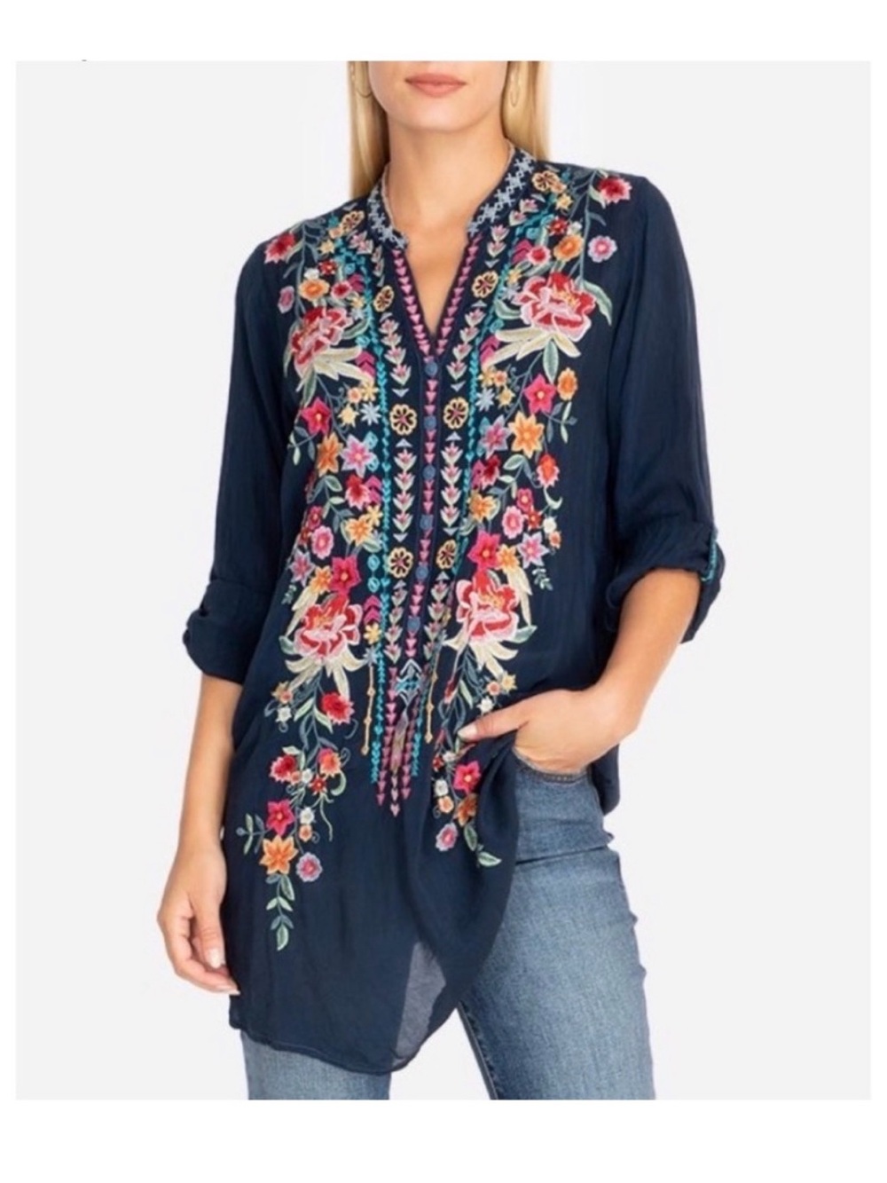 Johnny Was Annette Floral Embroidered Tunic Blue Size XS